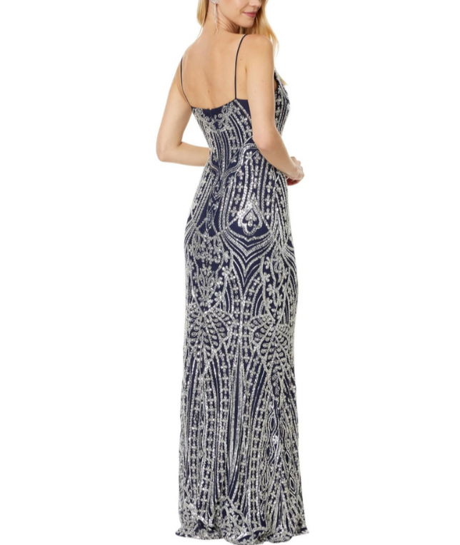Betsy & Adam Long Beded Sequin Placement Slit Gown MSRP $340