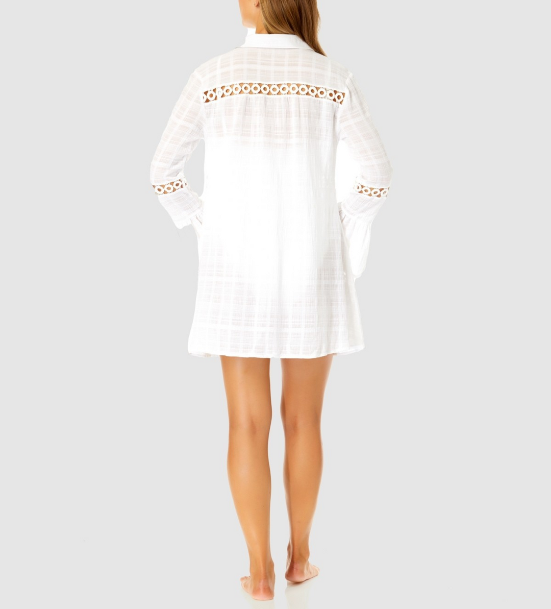 Ibiza Anne Cole Button Up Bell Sleeve Crochet Trim Cover-Up Tunic MSRP $72