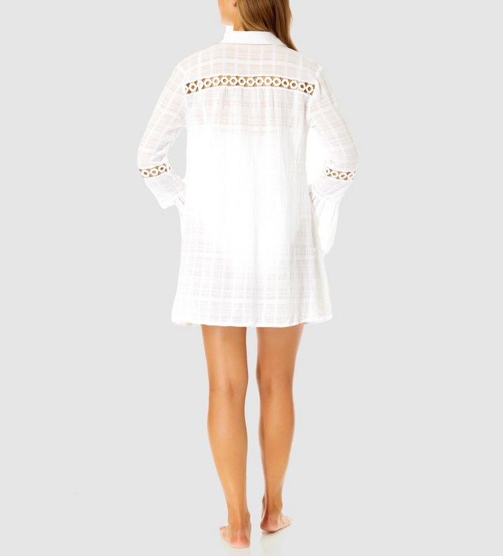 Ibiza Anne Cole Button Up Bell Sleeve Crochet Trim Cover-Up Tunic MSRP $72