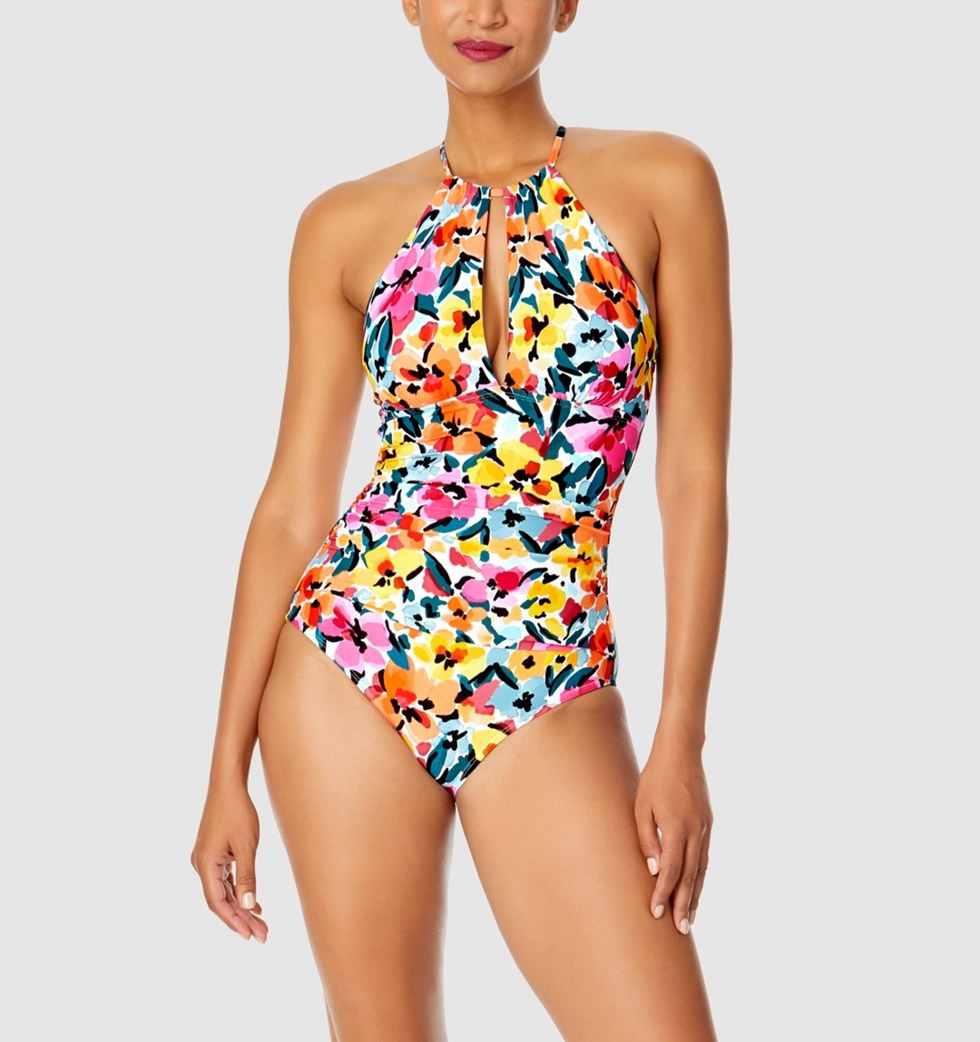Anne Cole Floral-Print High-Neck One-Piece Swimsuit MSRP $108