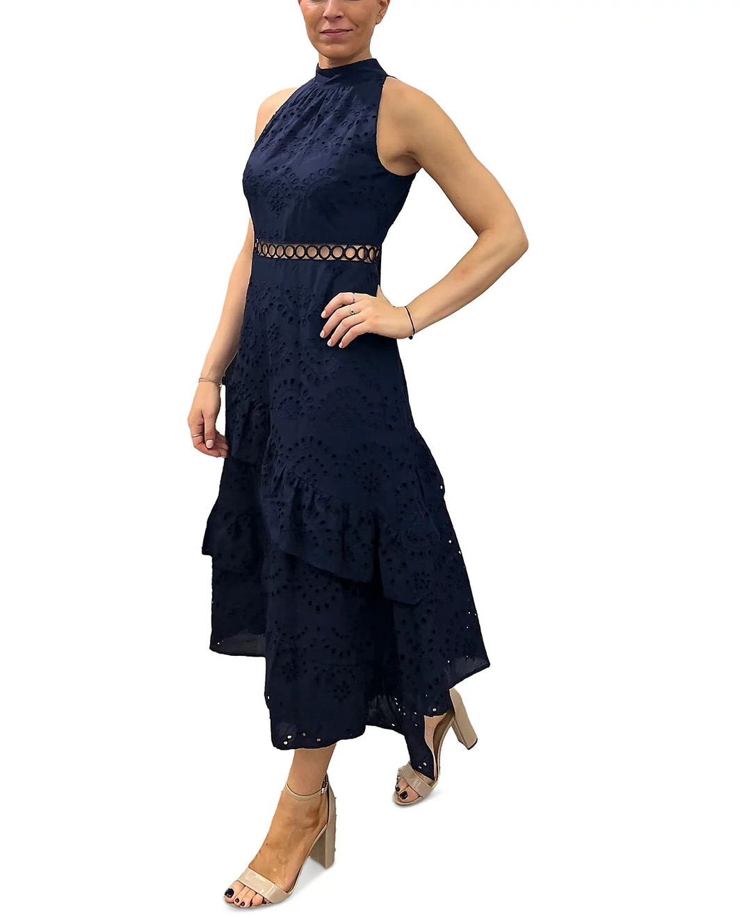 Sam Edelman Eyelet High-Neck Sleeveless Tiered Dress MSRP $158