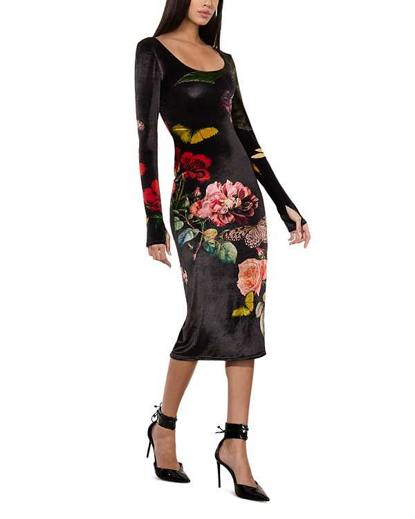 Alice and Olivia Delora Velvet Scoop Neck Midi Dress MSRP $395