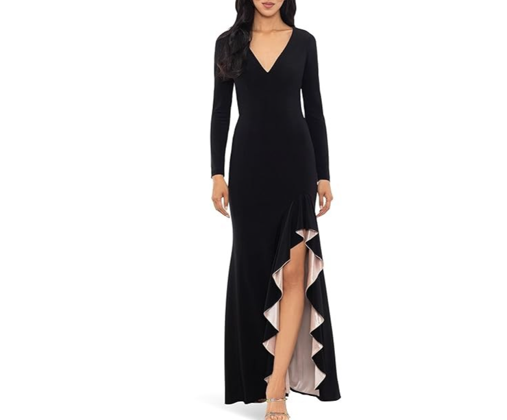 XSCAPE Women's Long-Sleeve Draped Contrast-Slit Dress MSRP $239