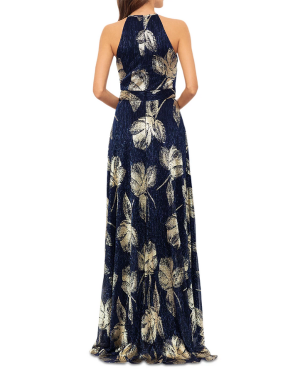 AQUA Floral Print Foil Halter Gown MSRP $298