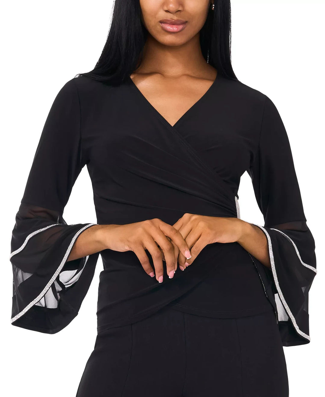 MSK Petite Surplice-Neck Flare-Sleeve Embellished Top MSRP $69
