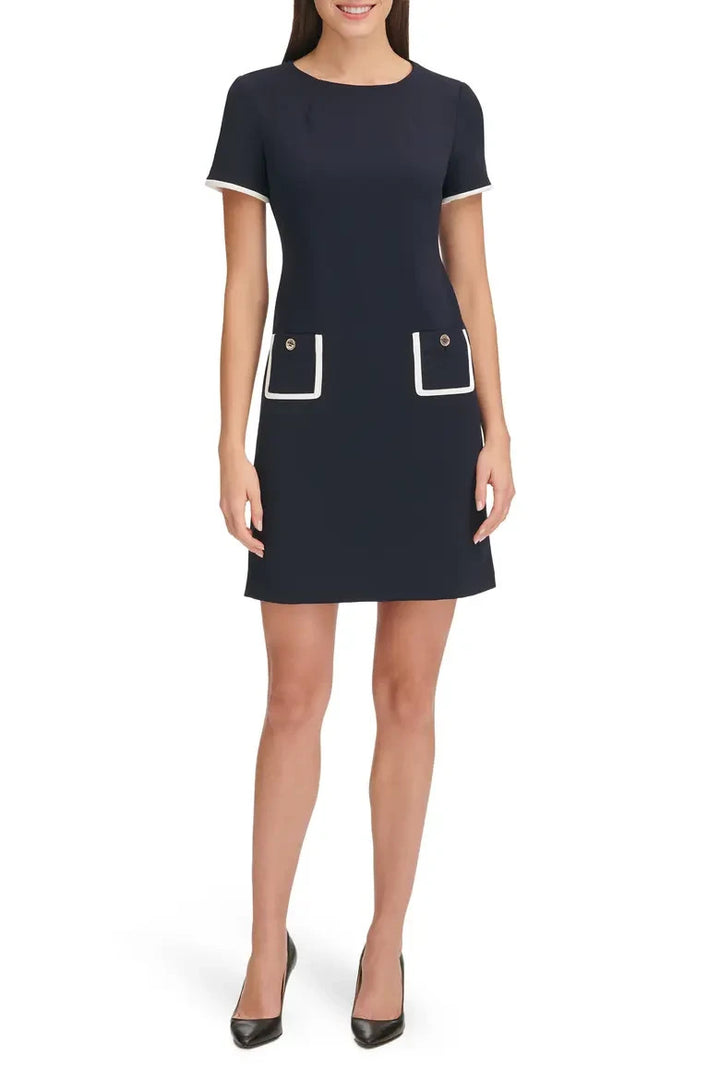Tommy Hilfiger Short Sleeve Scuba Crepe Contrast Trim Dress MSRP $99