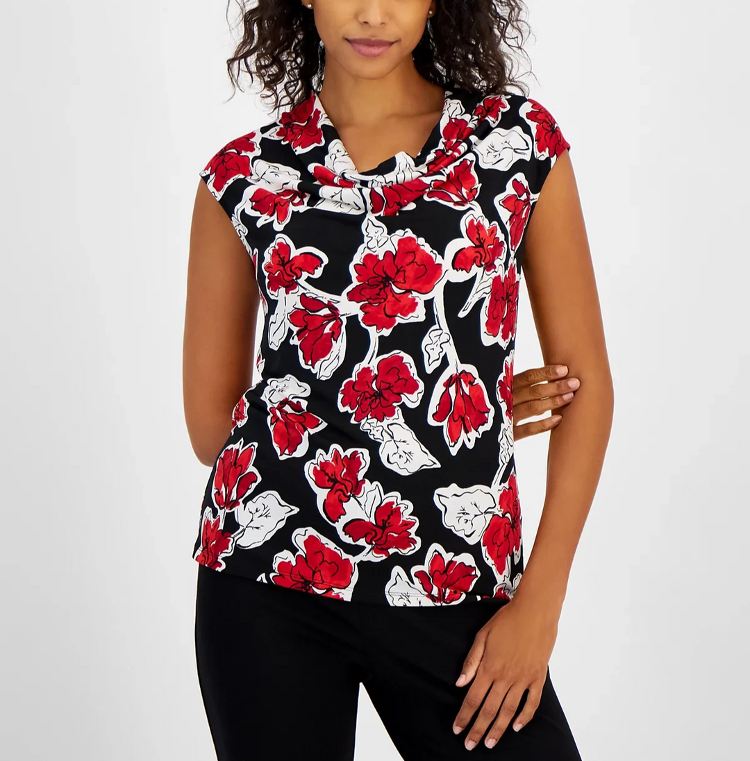 Kasper Petite Floral-Print Cowl-Neck Top MSRP $49