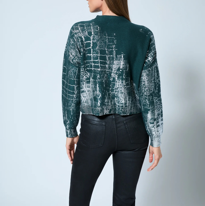 Adrienne Landau Crocodile Foil Print Funnel Neck Sweater MSRP $295