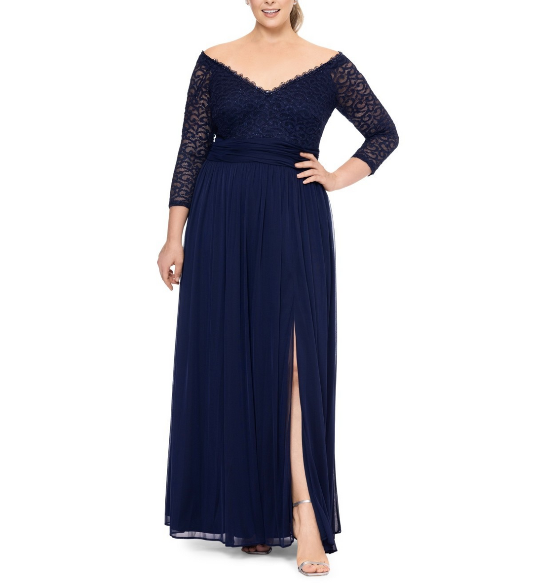 B&A by Betsy & Adam Plus Size Lace Off-the-Shoulder 3/4-Sleeve Gown MSRP $219