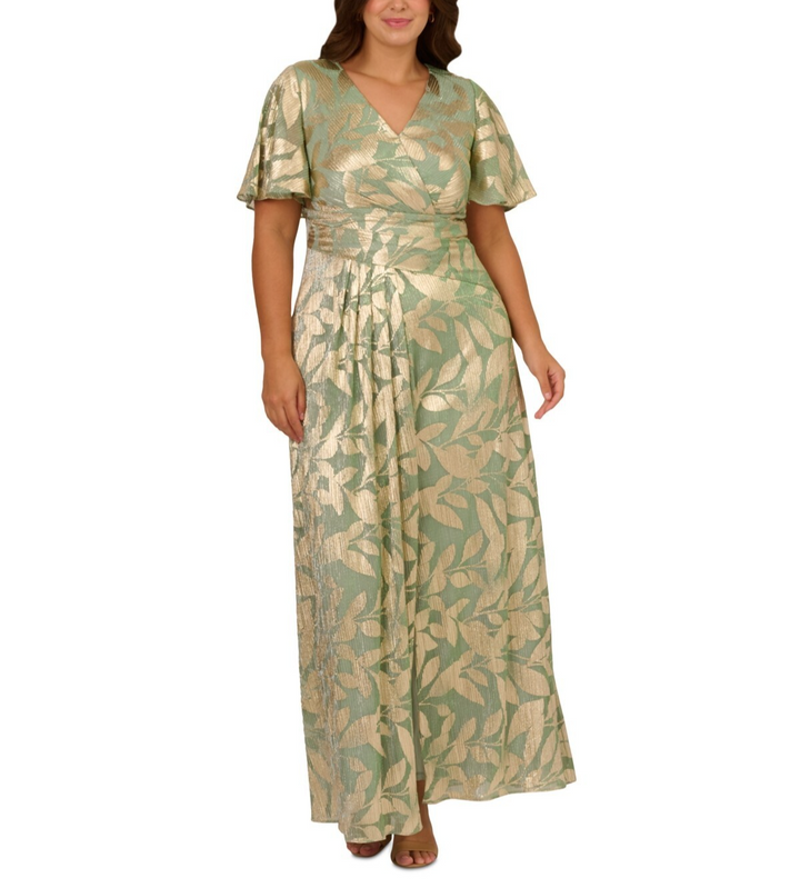 Adrianna Papell Plus Size Foil Leaf Flutter-Sleeve Draped Gown MSRP $249