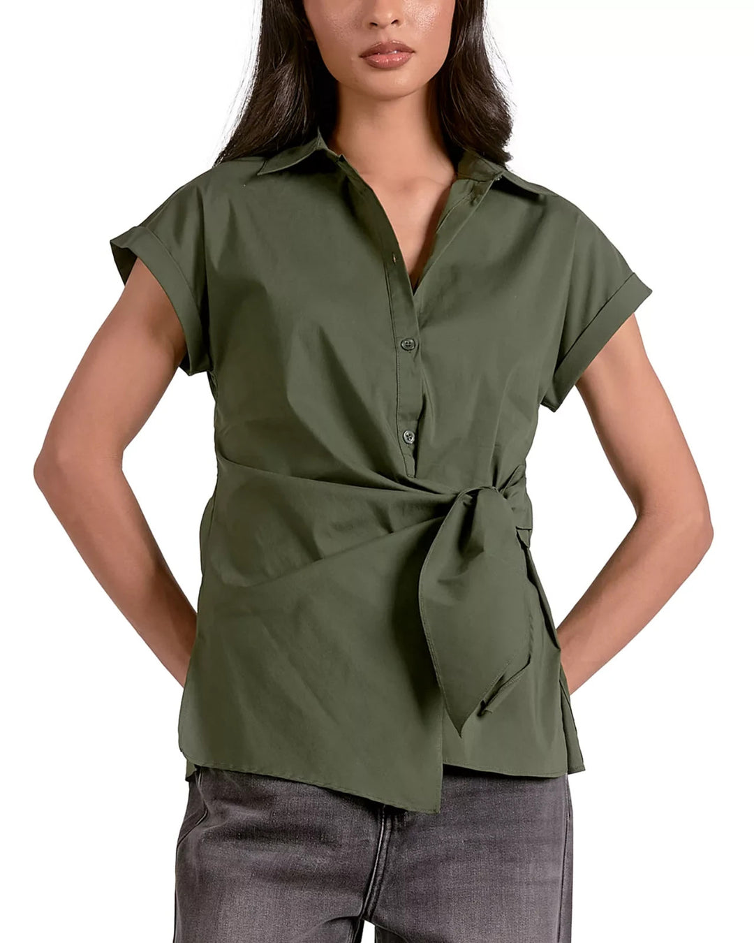 Elan Button Down Tie Waist Shirt MSRP $79