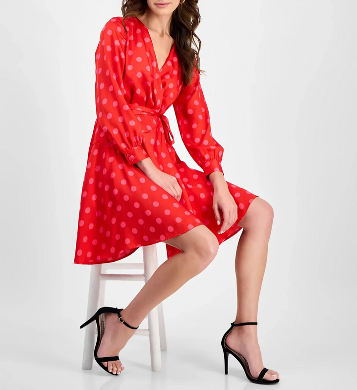 Anne Klein Half-Wrap Polka-Dot A-Line Dress MSRP $139