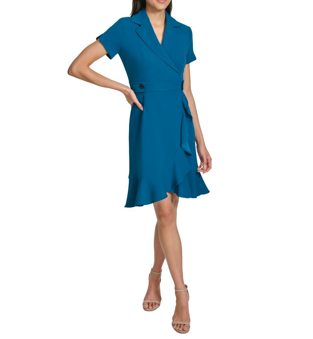 Calvin Klein Petite Faux-Wrap Ruffled A-Line Dress MSRP $134
