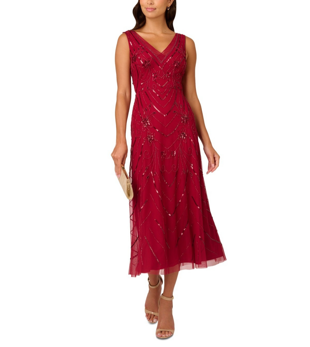 Adrianna Papell Beaded V-Neck Sleeveless Mesh Dress MSRP $159
