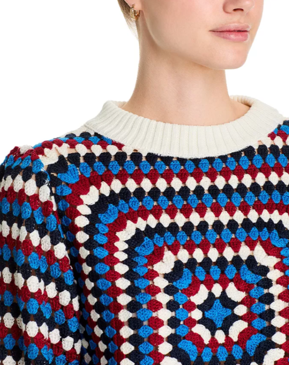 FARM Rio Crocheted Balloon Sleeve Sweater MSRP $270