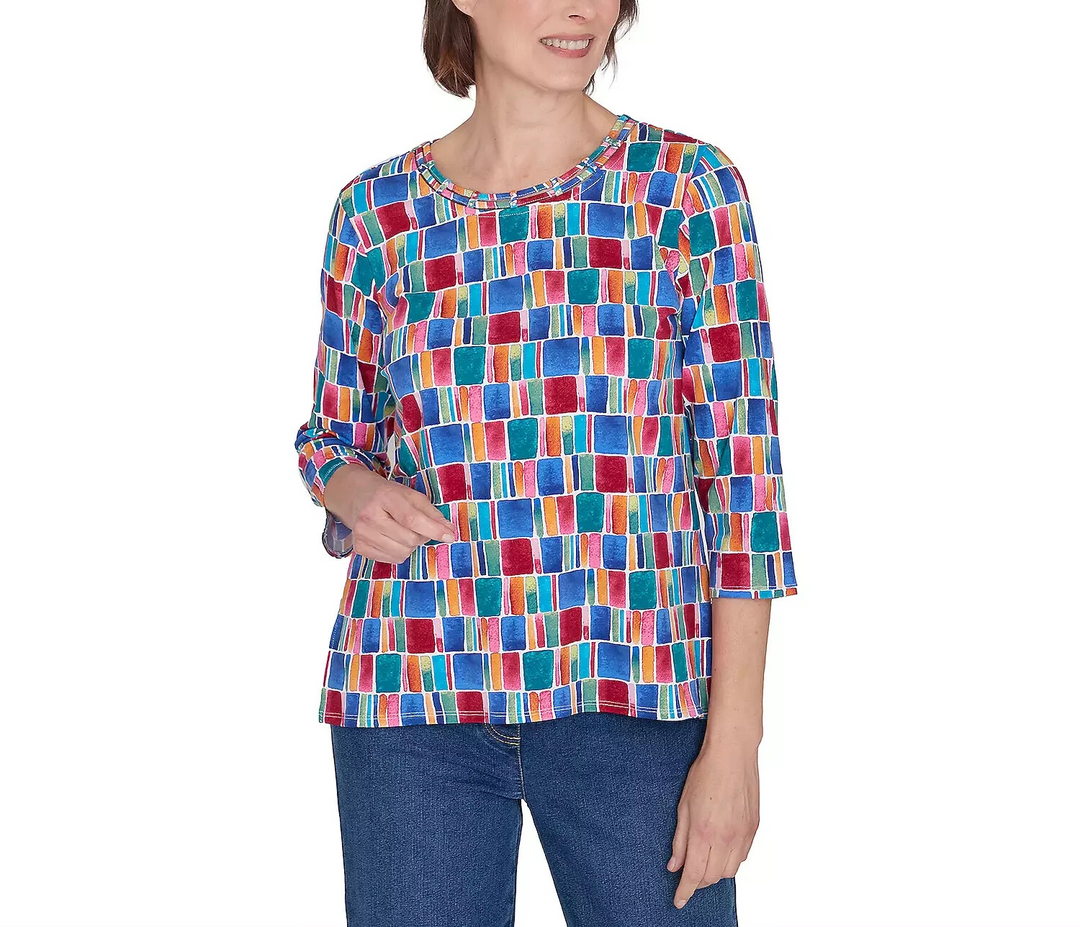 Alfred Dunner Box Print 3/4 Sleeve Top MSRP $49