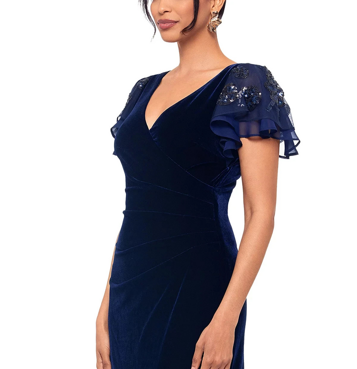 Betsy & Adam Petite Embellished Flutter-Sleeve Velvet Gown MSRP $199