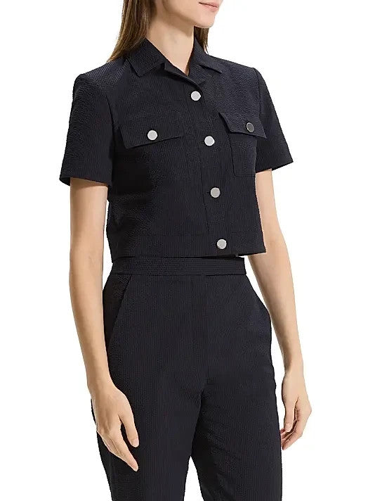 Theory Shrunke Cotton-Blend Button-Front Crop Shirt MSRP $225