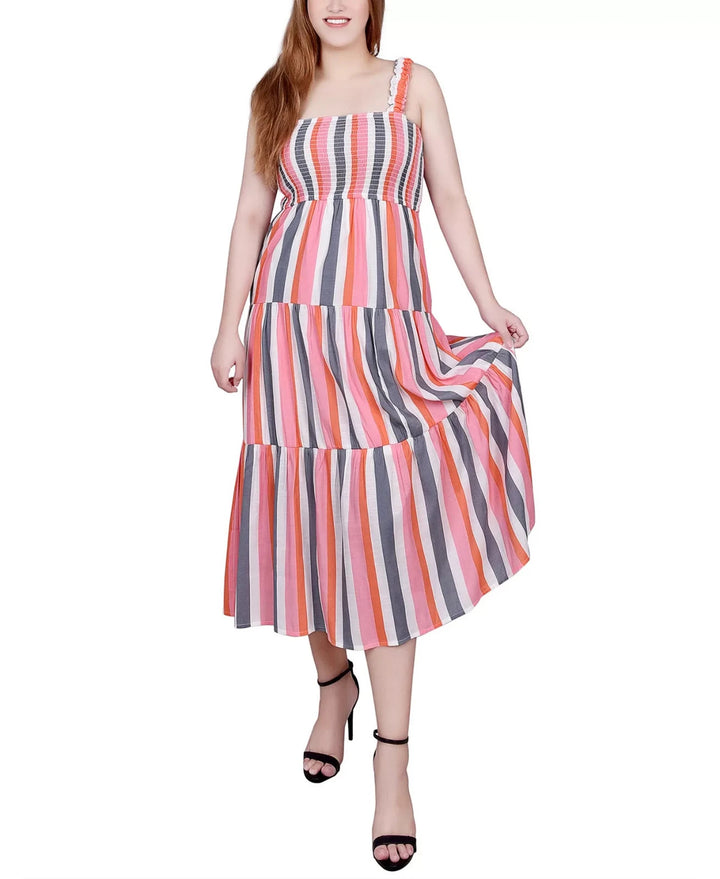 NY Collection Petite Smocked-Bodice Tiered Midi Dress MSRP $58