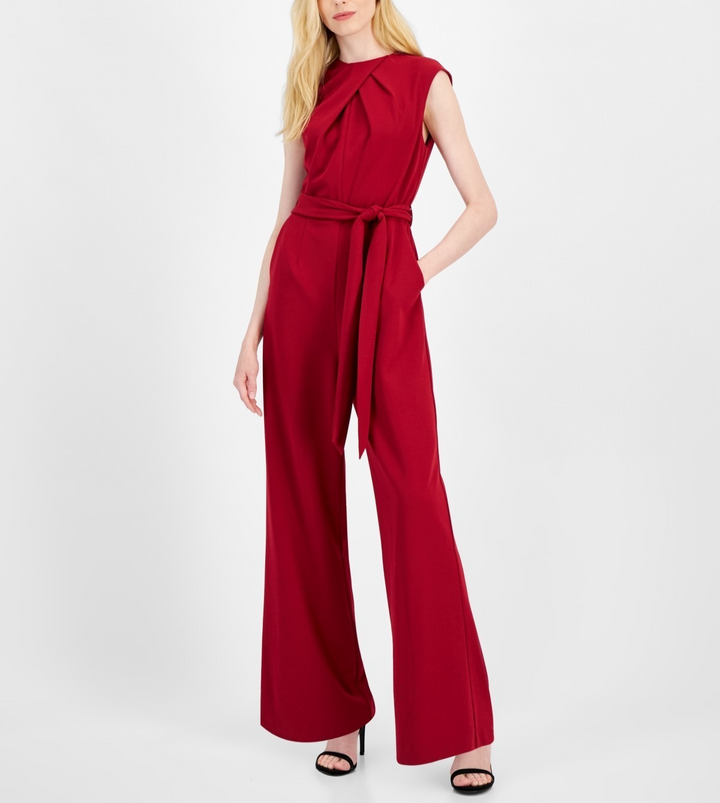 Tahari Petite Pleated-Neck Tie-Belt Jumpsuit MSRP $139