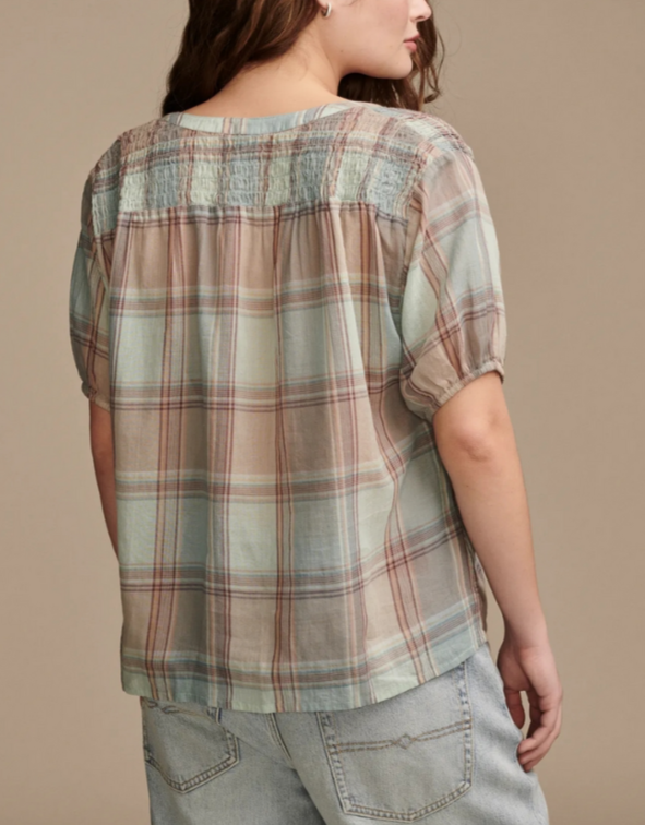 Lucky Brand Cotton Plaid Smocked-Shoulder Blouse MSRP $79