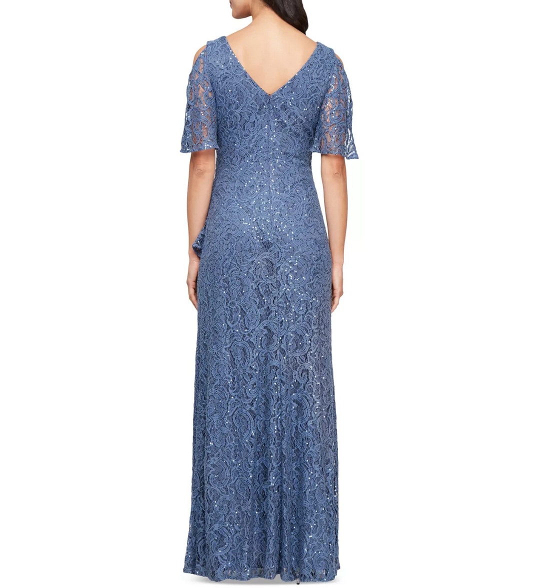 Alex Evenings Women's Sequinned-Lace Cold-Shoulder Gown MSRP $219