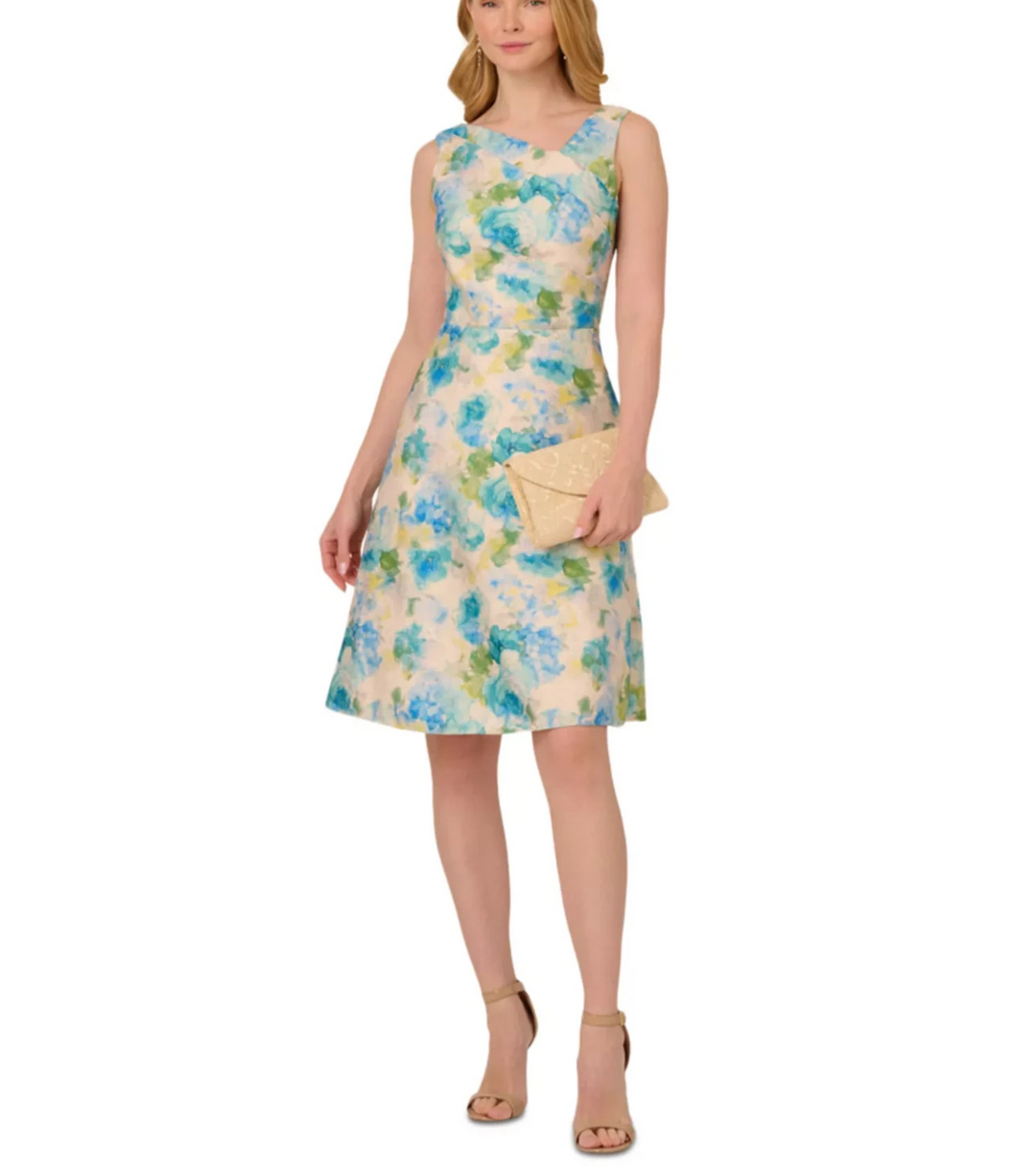 Adrianna Papell Women’s Jacquard Asymmetric-Neck Dress MSRP $199