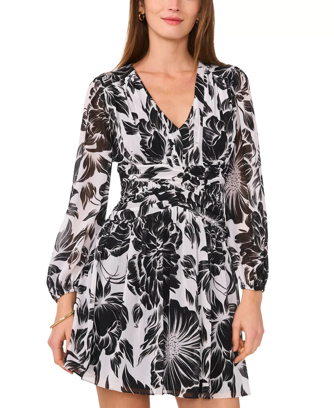 1.STATE Women's Floral Chiffon V-Neck Long-Sleeve Dress MSRP $99