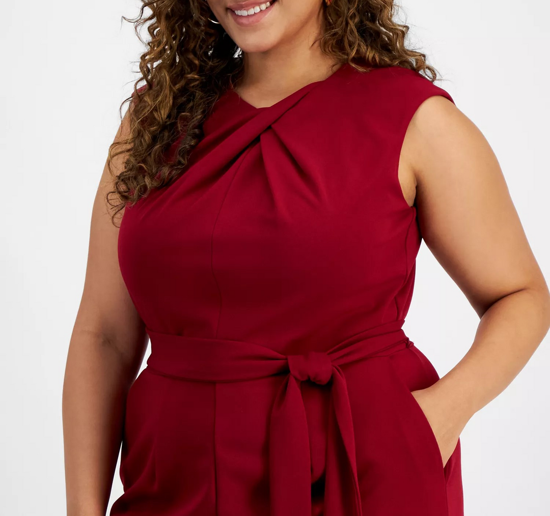 Tahari Plus Size Sleeveless Scuba Crepe Tie-Waist Jumpsuit MSRP $149