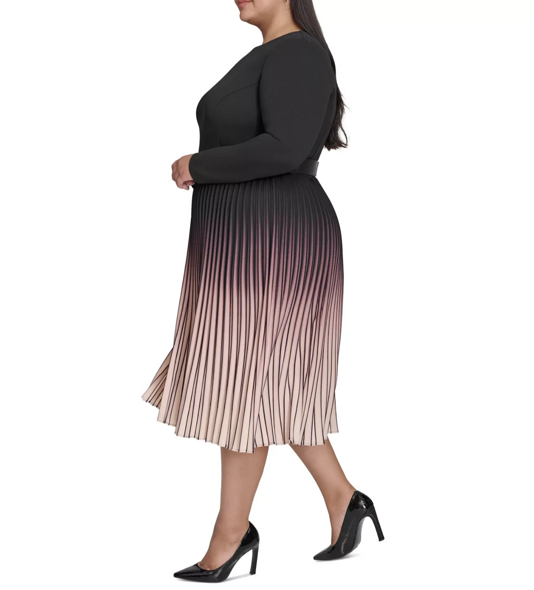 DKNY Plus Size Ombré Belted Pleated-Skirt Long-Sleeve Dress MSRP $169