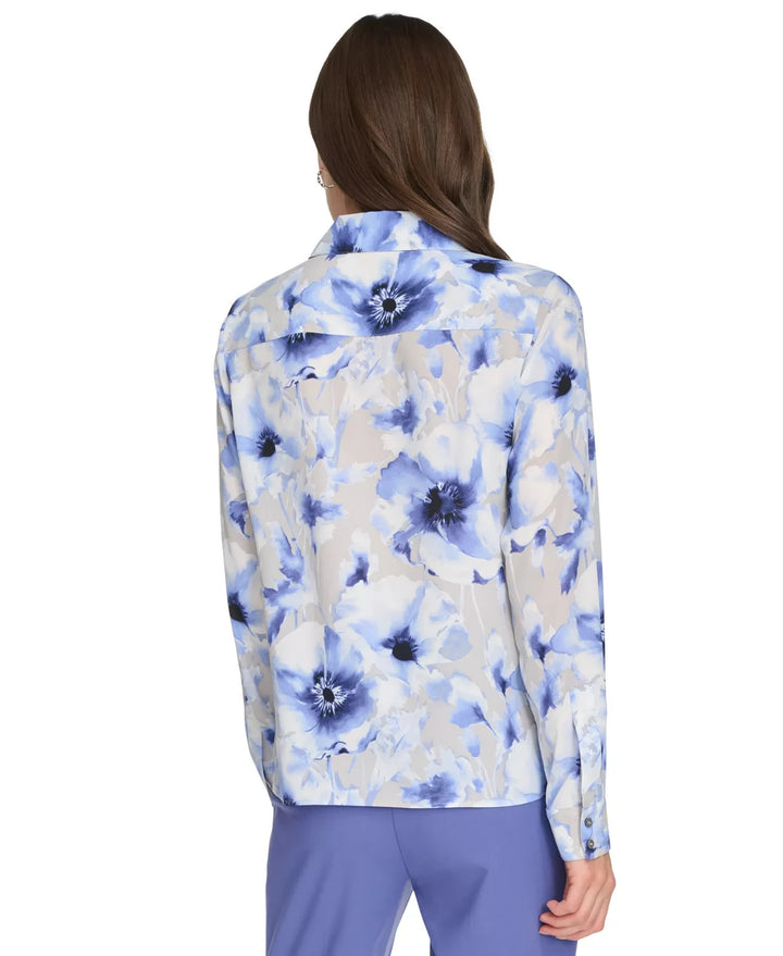 Calvin Klein Women's Printed Ruffle-Collar Blouse MSRP $79