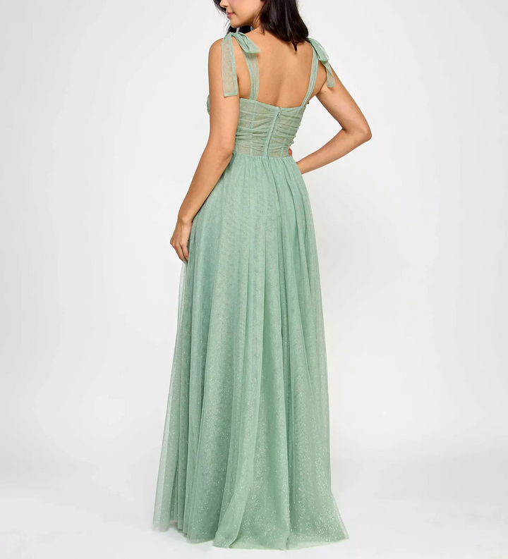 City Studios Juniors' Twist-Front Shoulder-Tie Glitter Gown MSRP $169