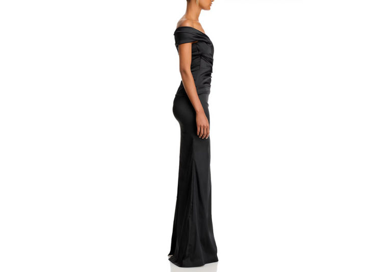 Teri Jon by Rickie Freeman Satin Stretch Off The Shoulder Gown MSRP $760