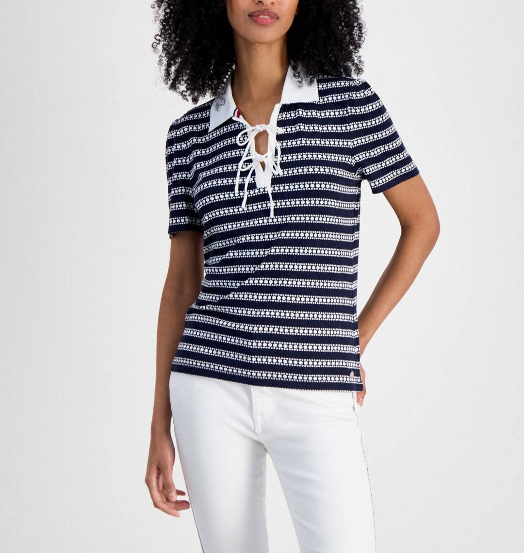 Tommy Hilfiger Women's Dot-Stripe Polo Shirt MSRP $69.5