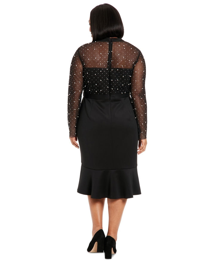 London Times Plus Size Beaded Illusion Mock-Neck Midi Dress MSRP $99