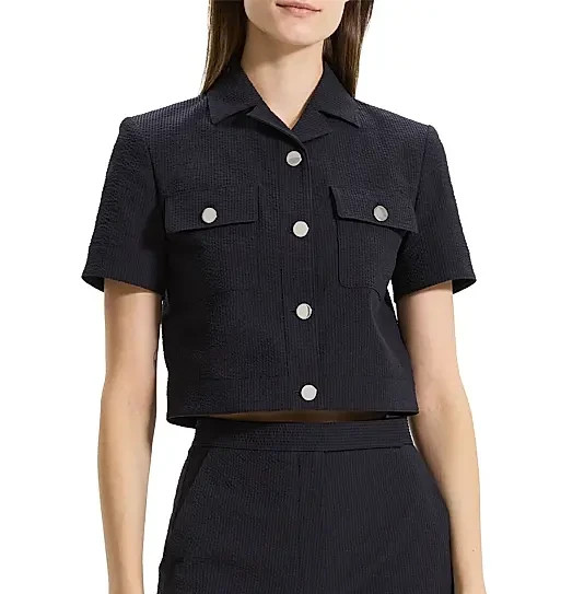 Theory Shrunke Cotton-Blend Button-Front Crop Shirt MSRP $225