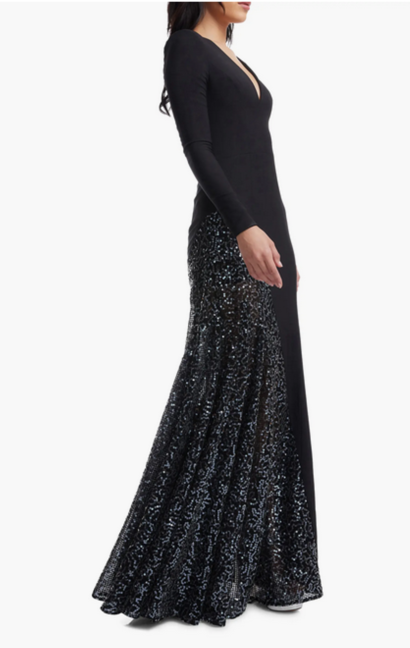 Dress the Population Winnie Sequin Panel Long Sleeve Gown MSRP $428