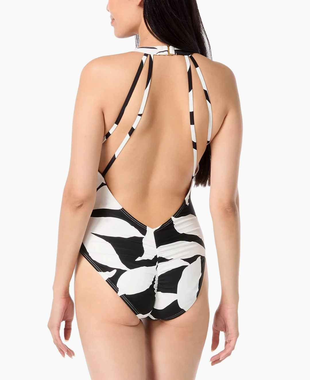 Vince Camuto Printed Plunge-Back Ruched One-Piece Swimsuit MSRP $126