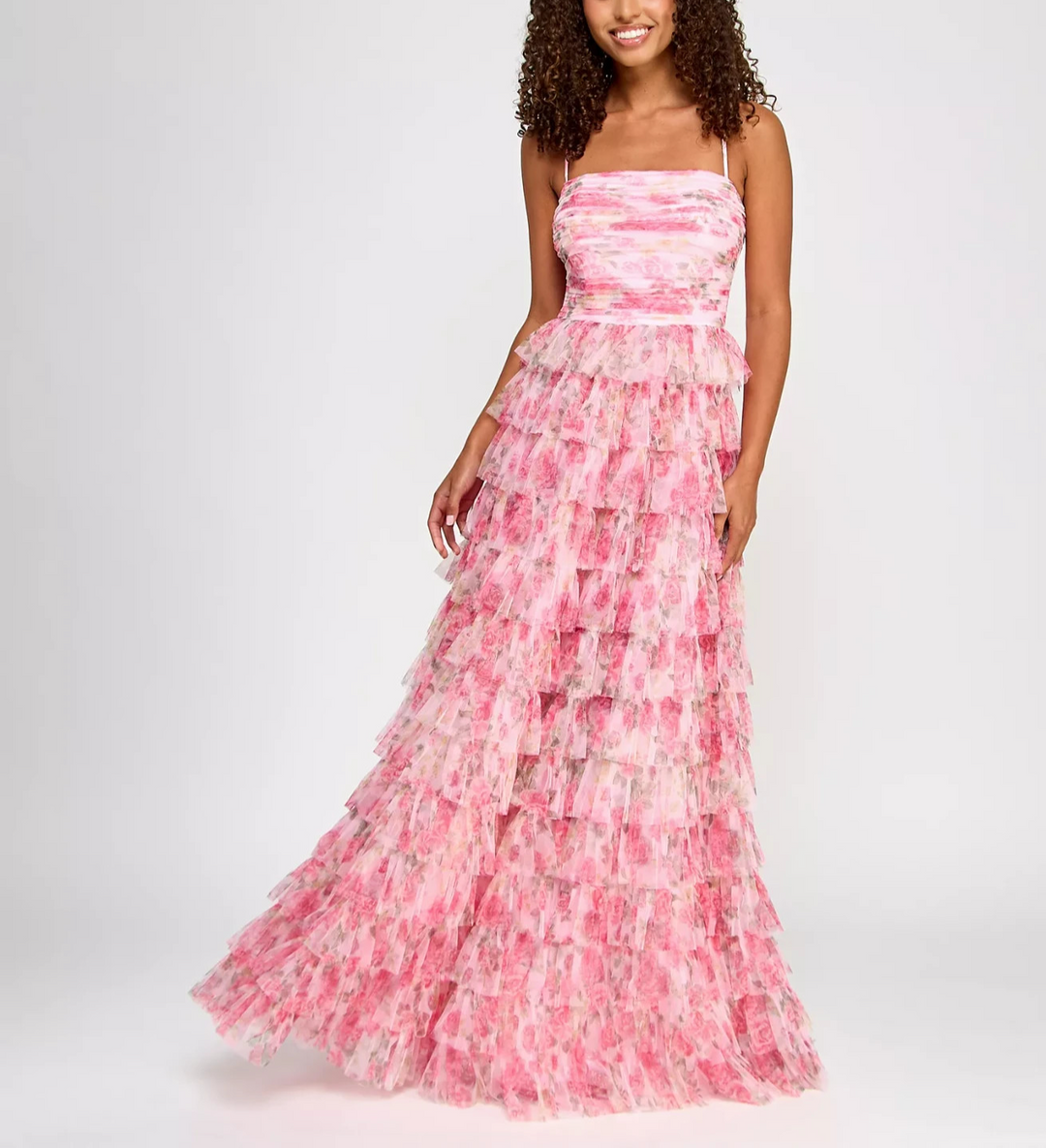 B Darlin Juniors' Floral Ruffle-Tiered Straight-Neck Gown MSRP $159 DGFOutlet B Darlin Juniors' Floral Ruffle-Tiered Straight-Neck Gown MSRP $159 DGFOutlet