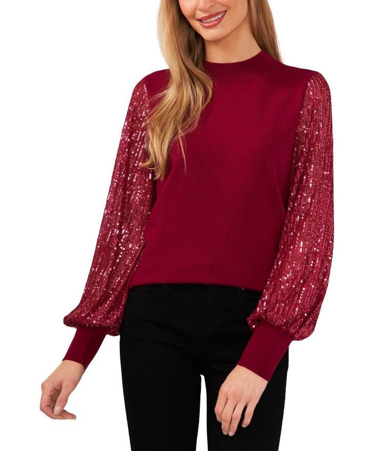 CeCe Women's Sheer-Sequin-Sleeve Mock-Neck Cotton Sweater MSRP $79