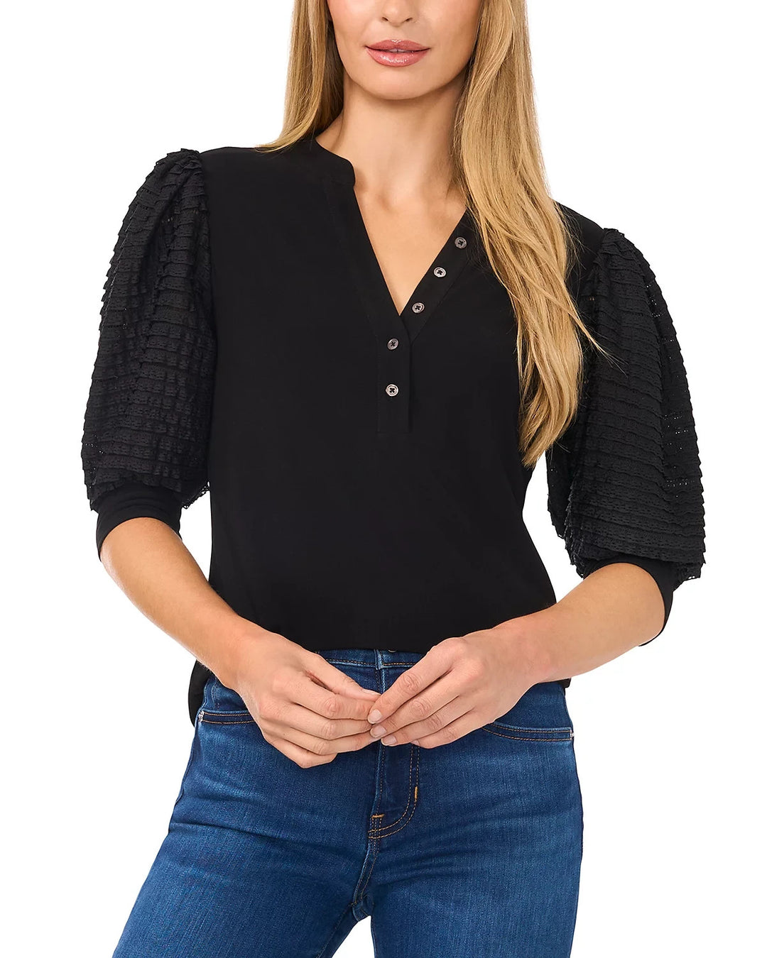 CeCe Puff Sleeve Mixed Media Top MSRP $69