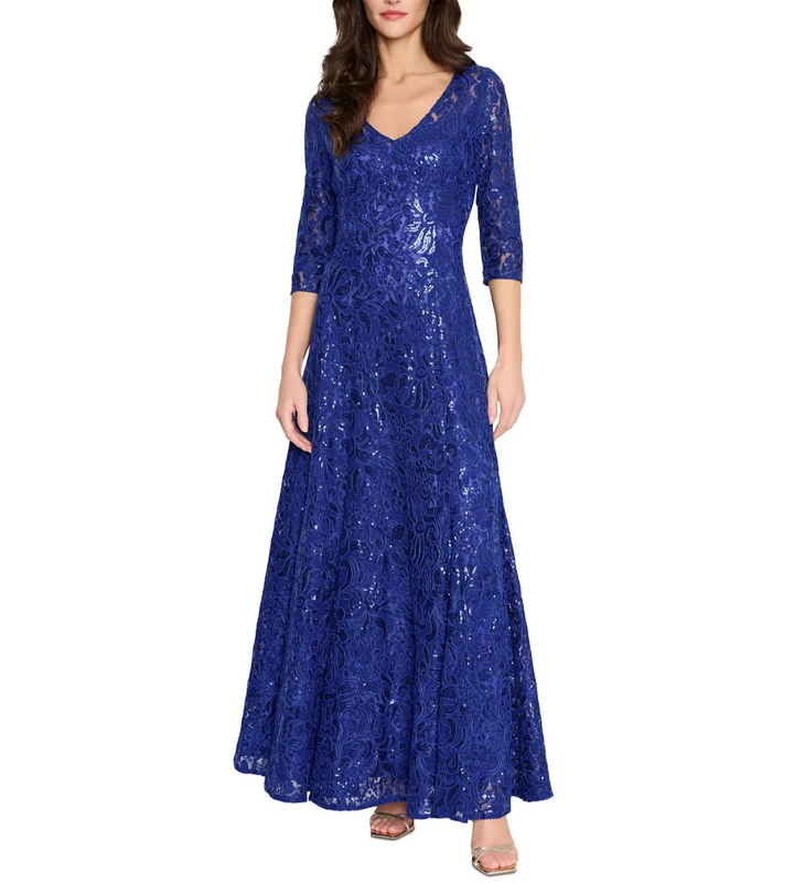 Tahari ASL Tahari Women's V-Neck Sequined Embroidered Gown