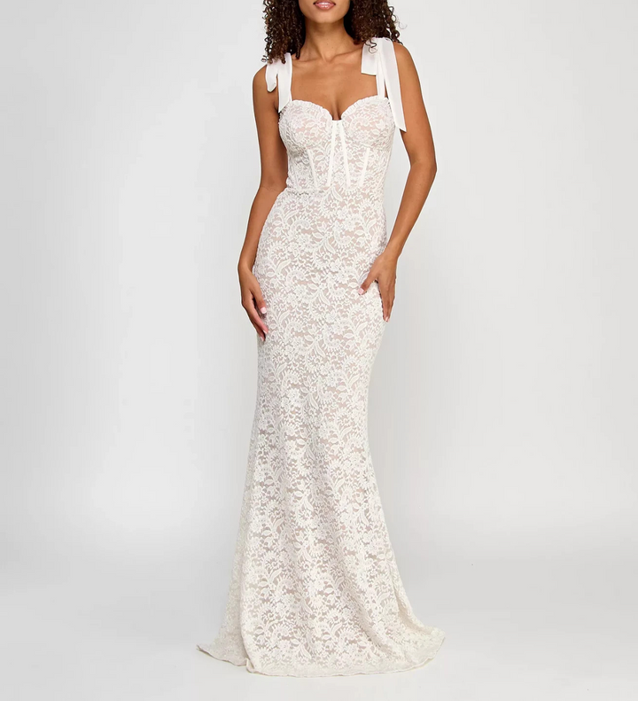 City Studios Juniors' Glitter-Lace Tie-Shoulder Sweetheart Gown MSRP $149.00