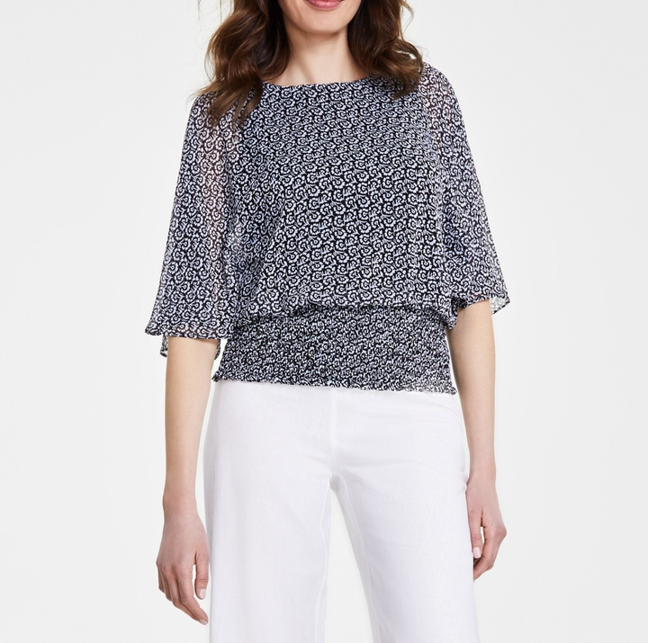 Sam & Jess Round-Neck 3/4-Sleeve Smocked-Waist Blouse MSRP $59