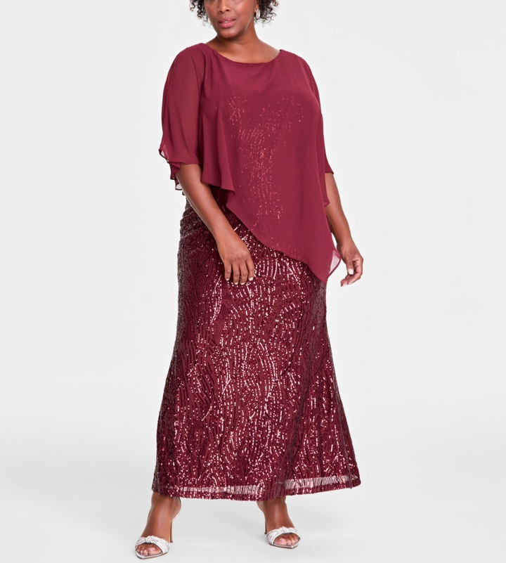SL Fashions Plus Size Asymmetrical-Cape Sequin Gown MSRP $159