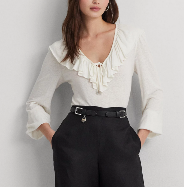 Lauren Ralph Lauren Ruffled Blouson-Sleeve Top MSRP $115