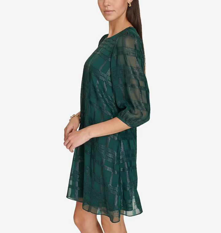 Calvin Klein Jewel-Neck 3/4-Sleeve Chiffon Dress MSRP $139