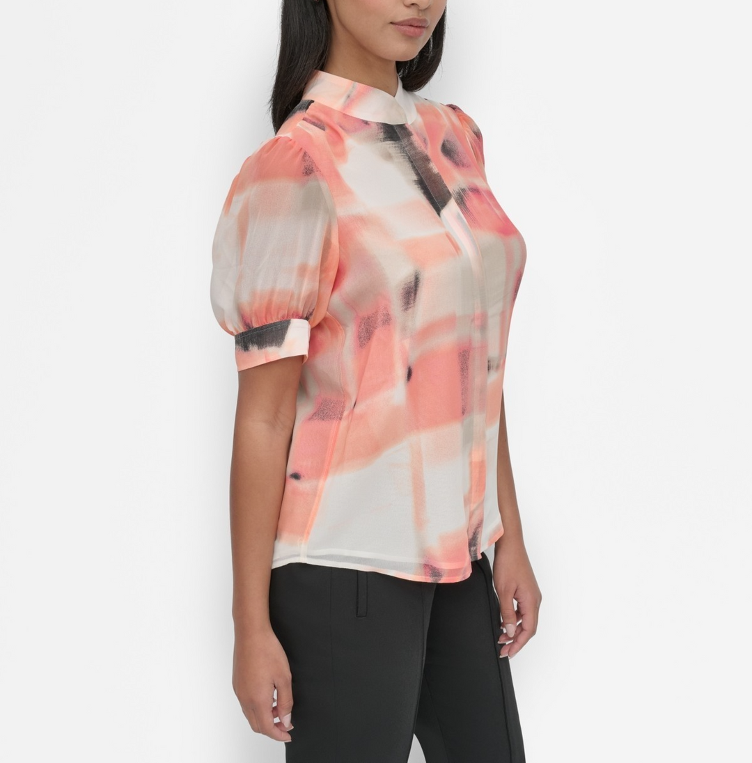 DKNY Women's Printed Puff-Sleeve Button-Front Blouse MSRP $79