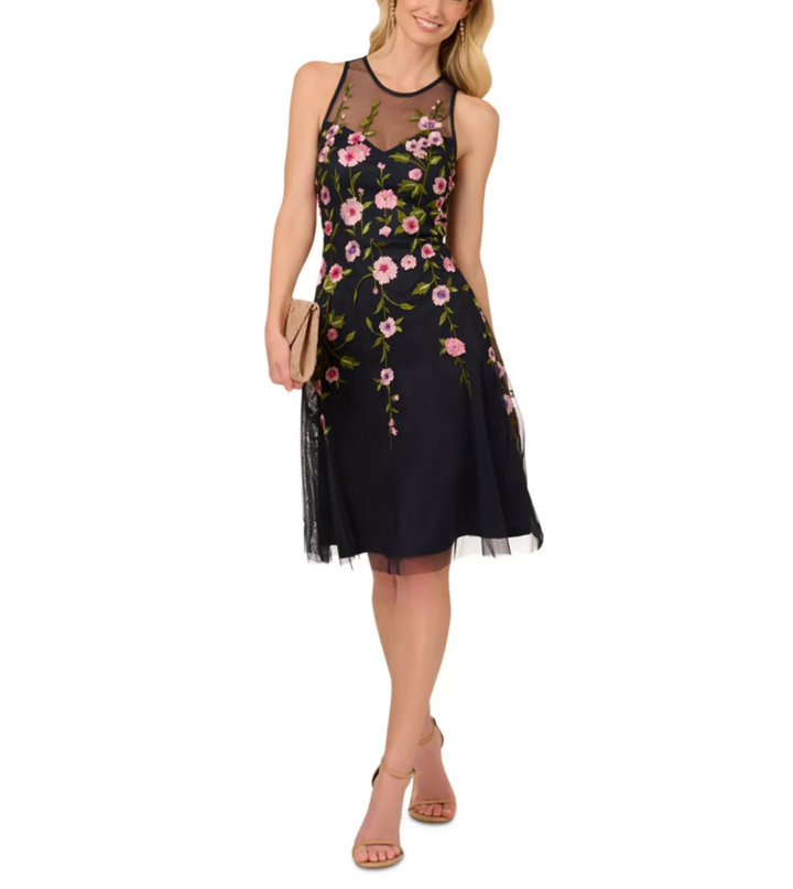 Adrianna Papell Embroidered Beaded Fit & Flare Dress MSRP $249