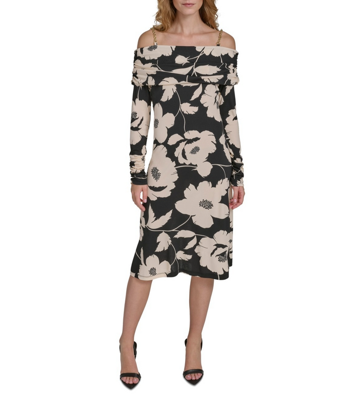 Halston Women's Floral Off-The-Shoulder Chain-Strap Dress MSRP $139
